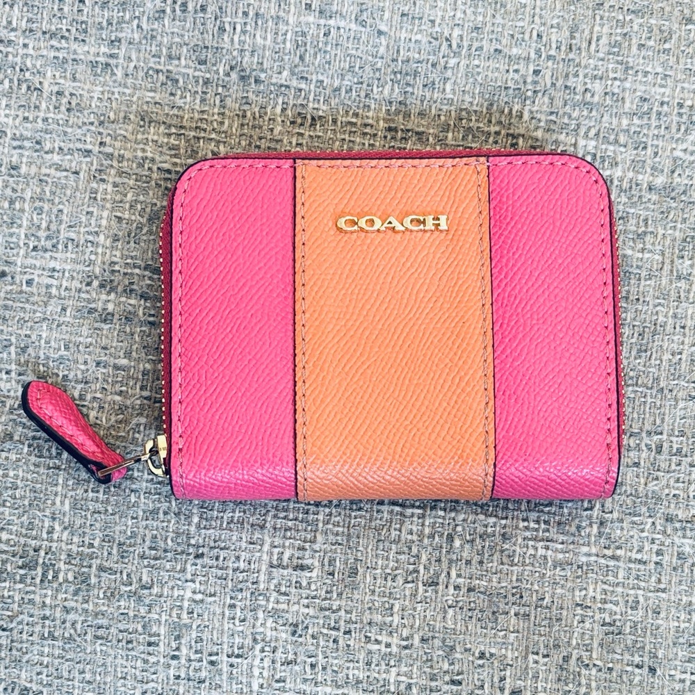 Coach Mini Zip Around Card Case Pink and Orange Wallet
